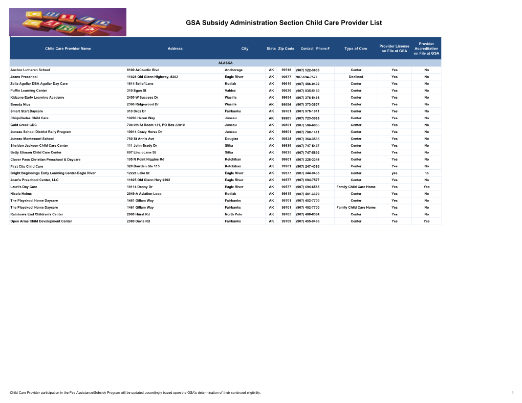 GSA Subsidy Administration Section Child Care Provider List Joni's