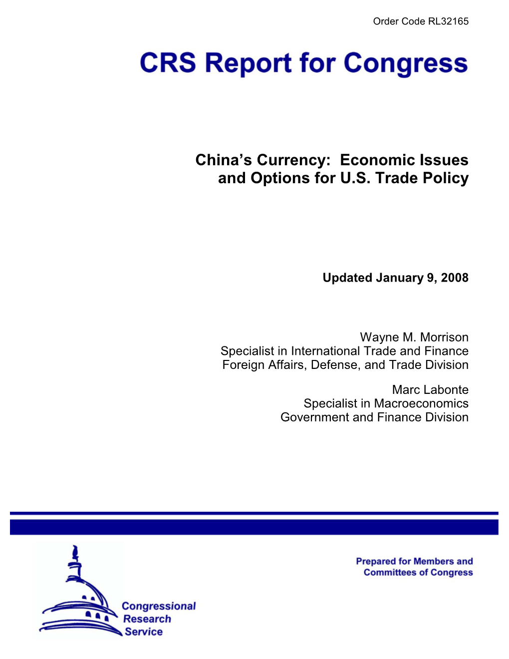 China's Currency: Economic Issues and Options for U.S. Trade Policy