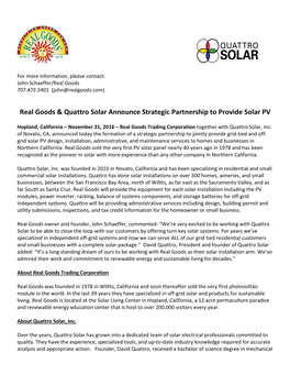 Real Goods & Quattro Solar Announce Strategic Partnership To
