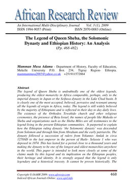The Legend of Queen Sheba, the Solomonic Dynasty and Ethiopian History: an Analysis (Pp