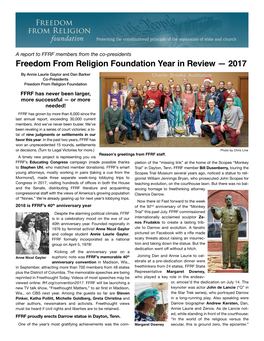 Freedom from Religion Foundation Year in Review — 2017 by Annie Laurie Gaylor and Dan Barker Co-Presidents Freedom from Religion Foundation