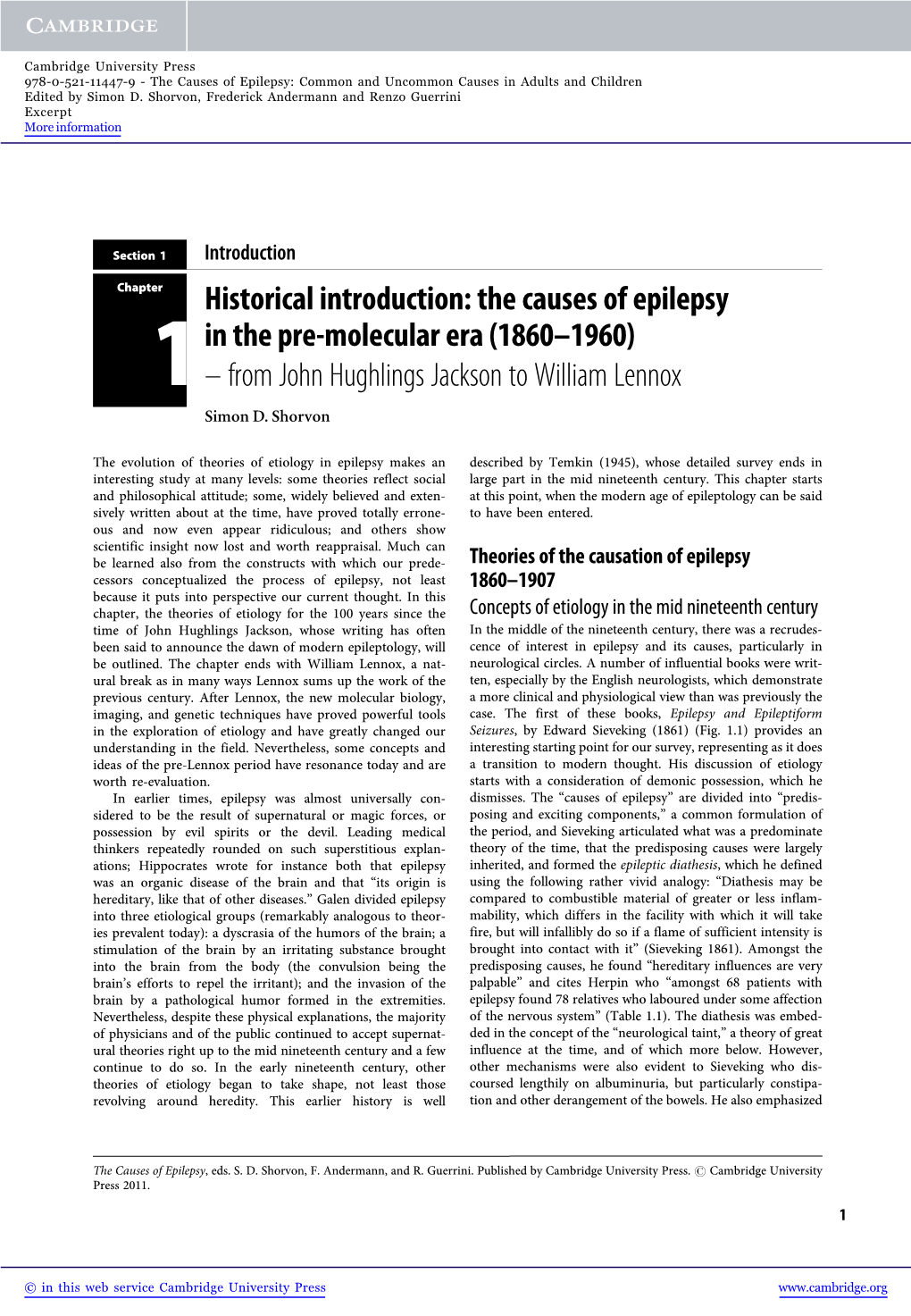 Historical Introduction: the Causes of Epilepsy in the Pre-Molecular Era (1860–1960) 1 – from John Hughlings Jackson to William Lennox Simon D