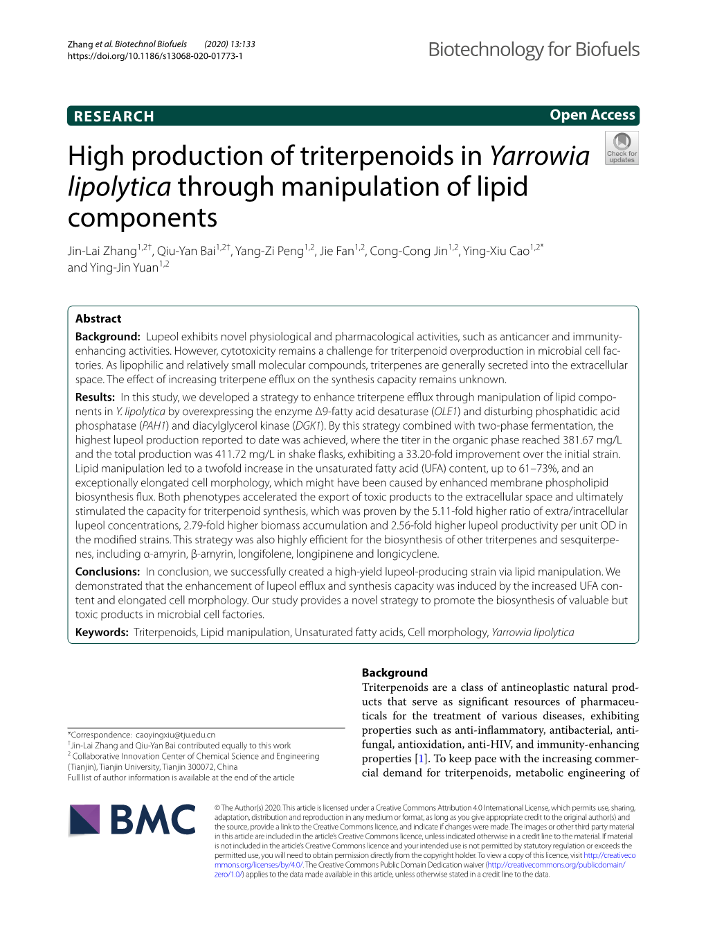 High Production of Triterpenoids in Yarrowia Lipolytica Through