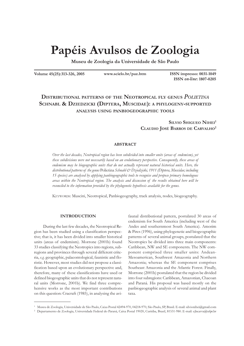 Distributional Patterns of the Neotropical Fly Genus Polietina Schnabl & Dziedzicki (Diptera, Muscidae): a Phylogeny-Supported Analysis Using Panbiogeographic Tools