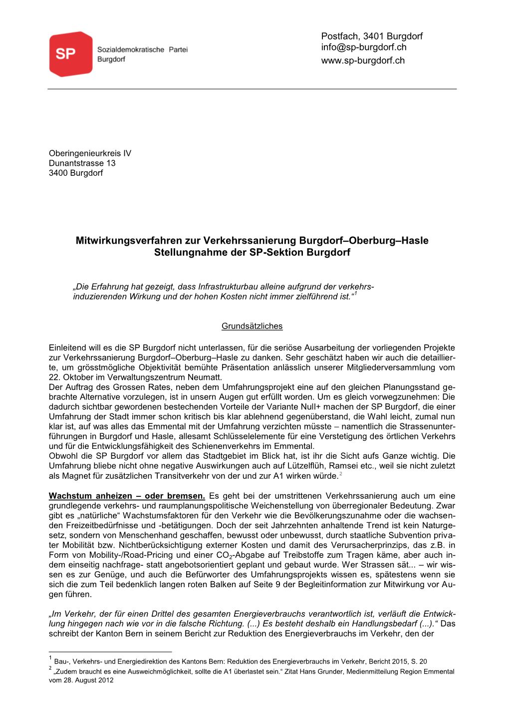 Mitwirkungsverfahren Zur Verkehrssanierung Burgdorf–Oberburg–Hasle Stellungnahme Der SP-Sektion Burgdorf