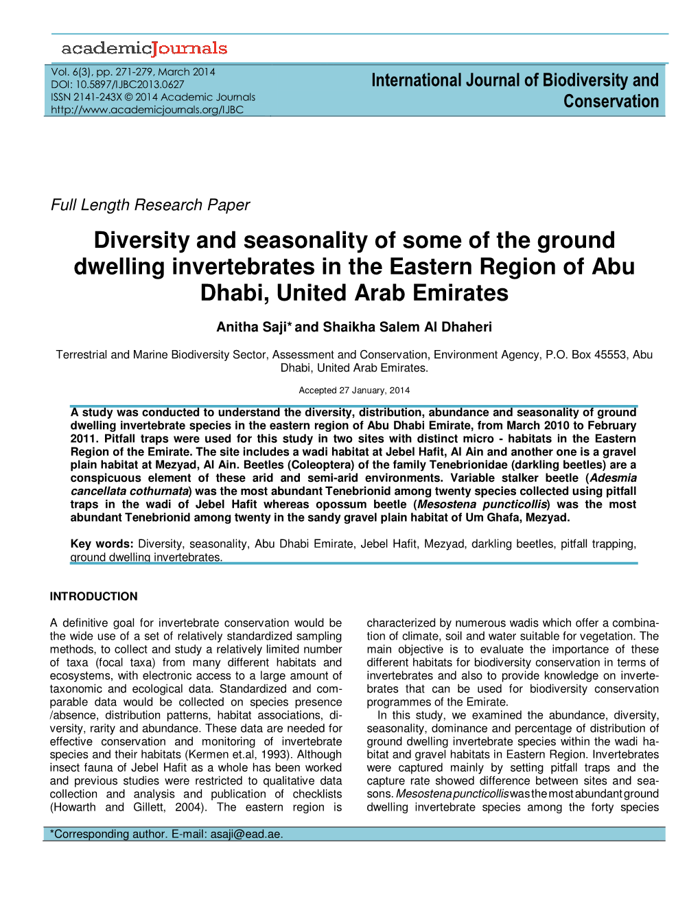 Diversity and Seasonality of Some of the Ground Dwelling Invertebrates in the Eastern Region of Abu Dhabi, United Arab Emirates