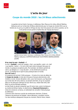 Coupe Du Monde 2010 : Les 24 Bleus Sélectionnés – 1Jour1actu.Com – L&
