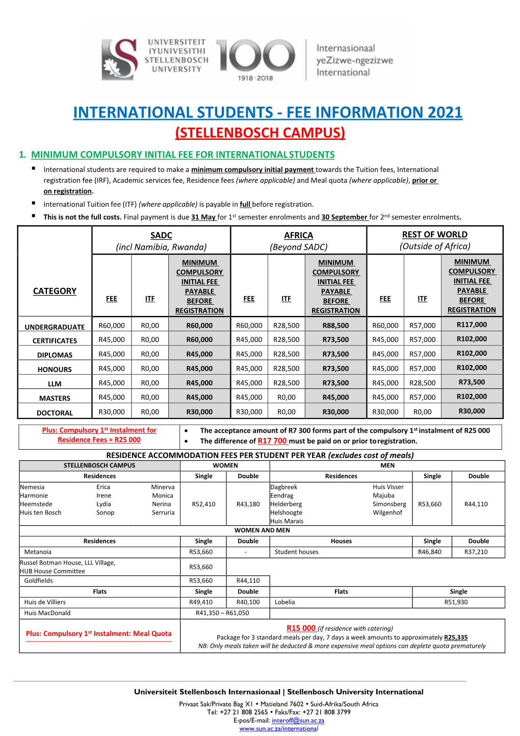 International Students - Fee Information 2021 (Stellenbosch Campus) 1