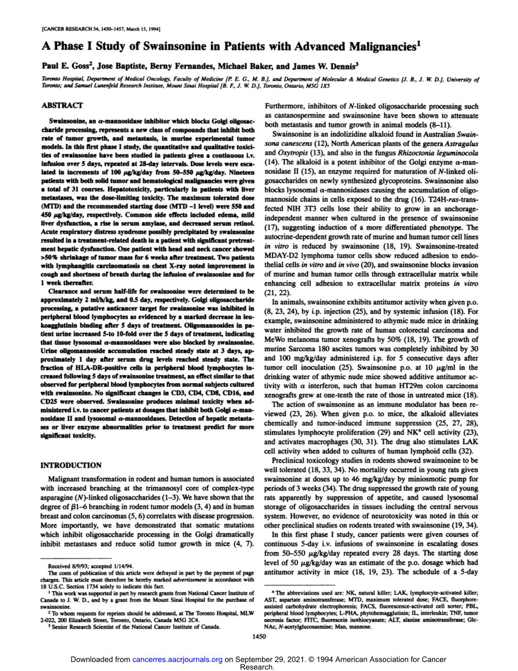 A Phase I Study of Swainsonine in Patients with Advanced Malignancies1