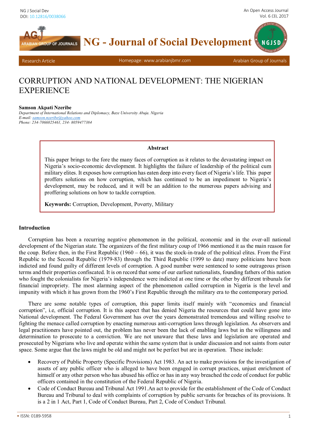 NG J Social Dev an Open Access Journal DOI: 10.12816/0038066 Vol