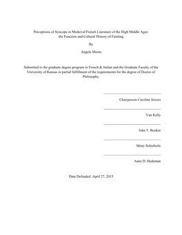 Perceptions of Syncope in Medieval French Literature of the High Middle Ages: the Function and Cultural History of Fainting