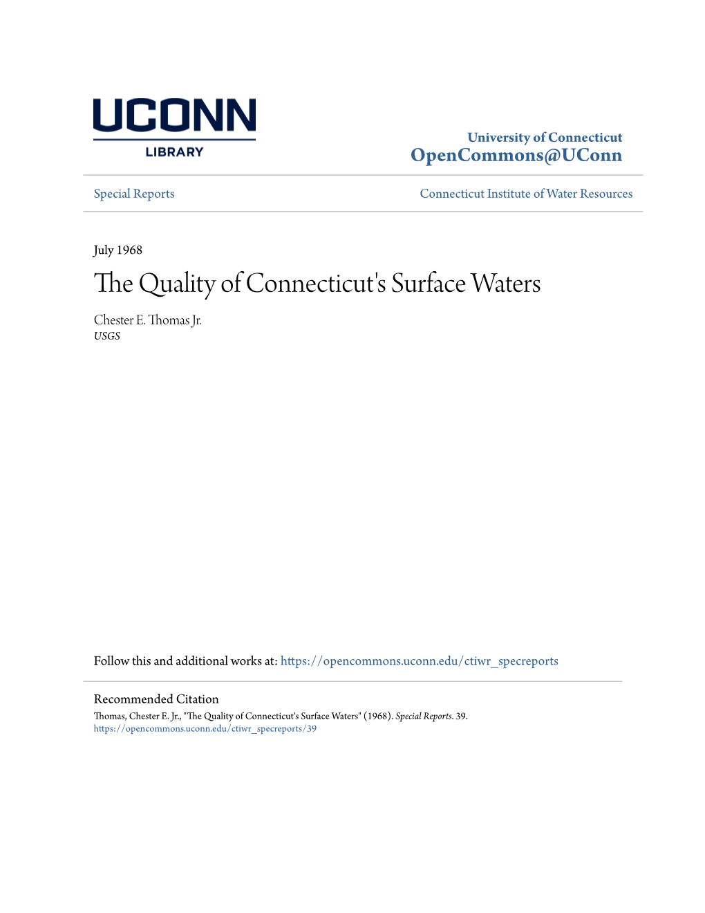 The Quality of Connecticut's Surface Waters Chester E