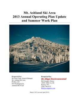 Mt. Ashland Ski Area 2013 Annual Operating Plan Update and Summer Work Plan