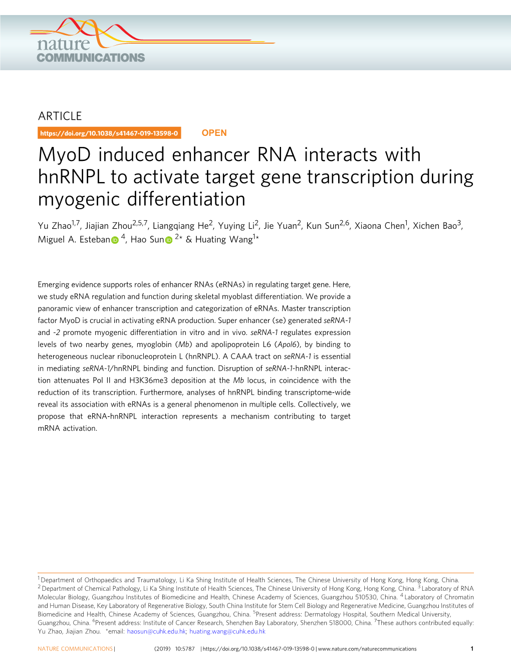 Myod Induced Enhancer RNA Interacts with Hnrnpl to Activate Target Gene Transcription During Myogenic Differentiation