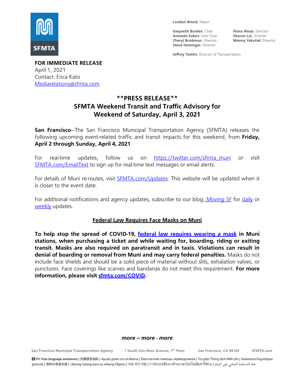 SFMTA Weekend Transit and Traffic Advisory for Saturday, April 3, 2021