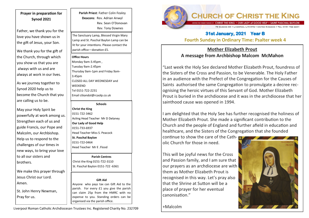 Psalter Week 4 Mother Elizabeth Prout a Message from Archbishop