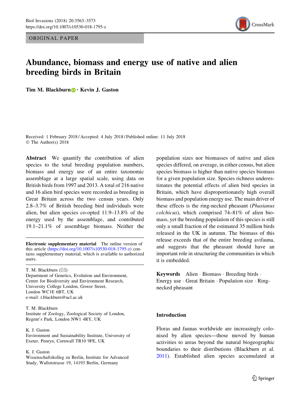 Abundance, Biomass and Energy Use of Native and Alien Breeding Birds in Britain