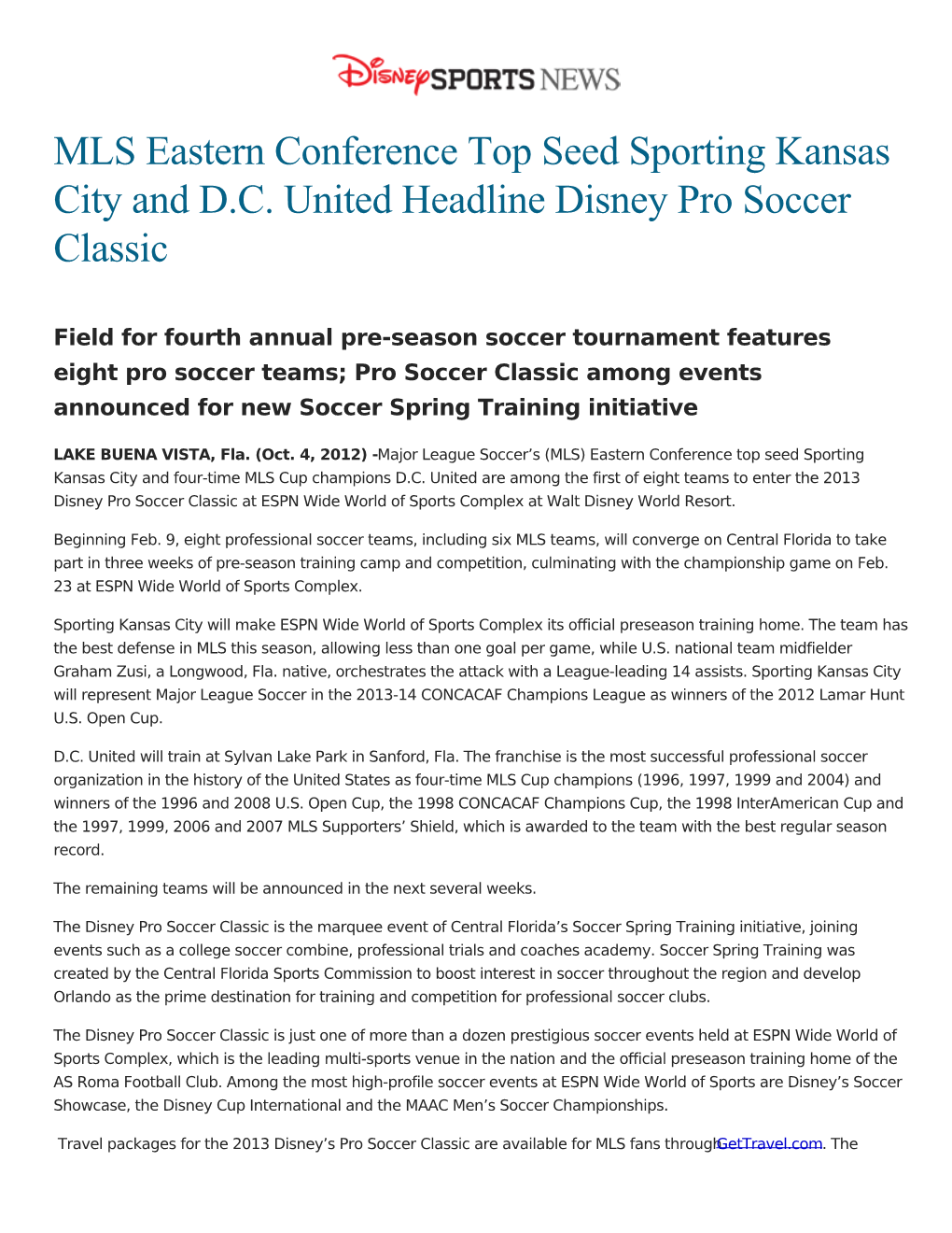 MLS Eastern Conference Top Seed Sporting Kansas City and D.C. United Headline Disney Pro Soccer Classic