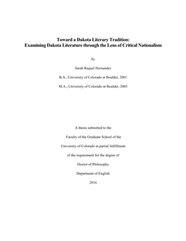 Toward a Dakota Literary Tradition: Examining Dakota Literature Through the Lens of Critical Nationalism