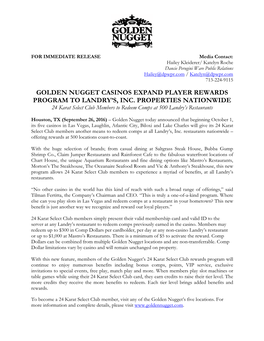 Golden Nugget Casinos Expand Player Rewards Program to Landry's, Inc. Properties Nationwide