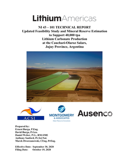 101 TECHNICAL REPORT Updated Feasibility Study and Mineral Reserve Estimation to Support 40000 Tpa Lithium Carbonate