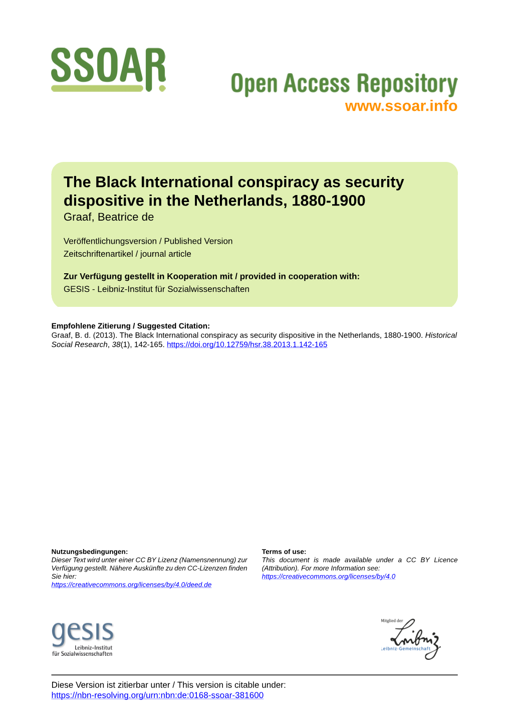 The Black International Conspiracy As Security Dispositive in the Netherlands, 1880-1900 Graaf, Beatrice De