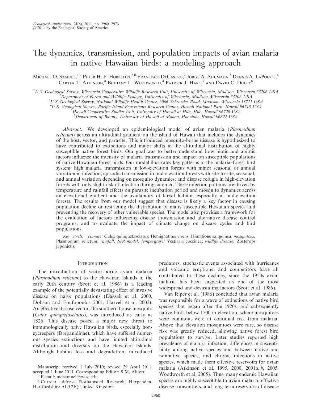 The Dynamics, Transmission, and Population Impacts of Avian Malaria in ...