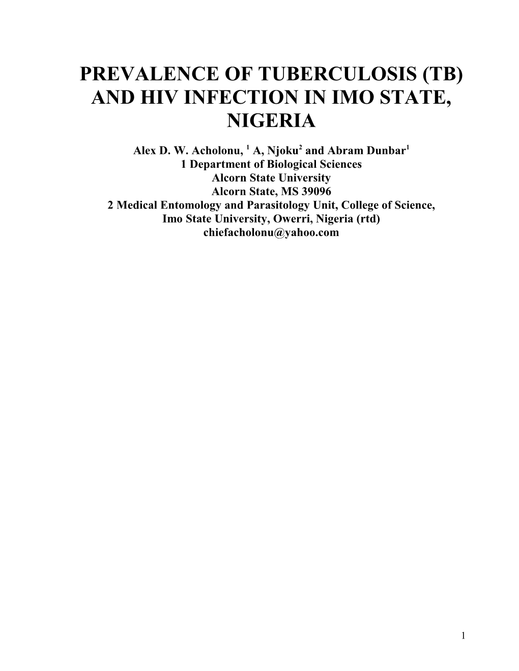 Prevalence of Tuberculosis (Tb) and Hiv Infection in Imo State, Nigeria