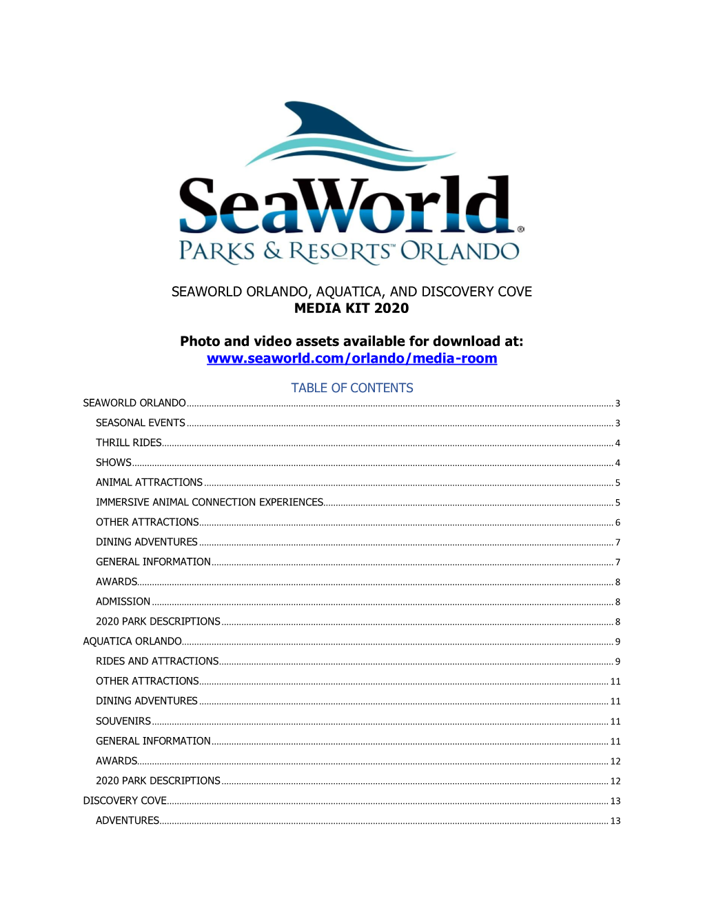 Seaworld Orlando, Aquatica, and Discovery Cove Media Kit 2020