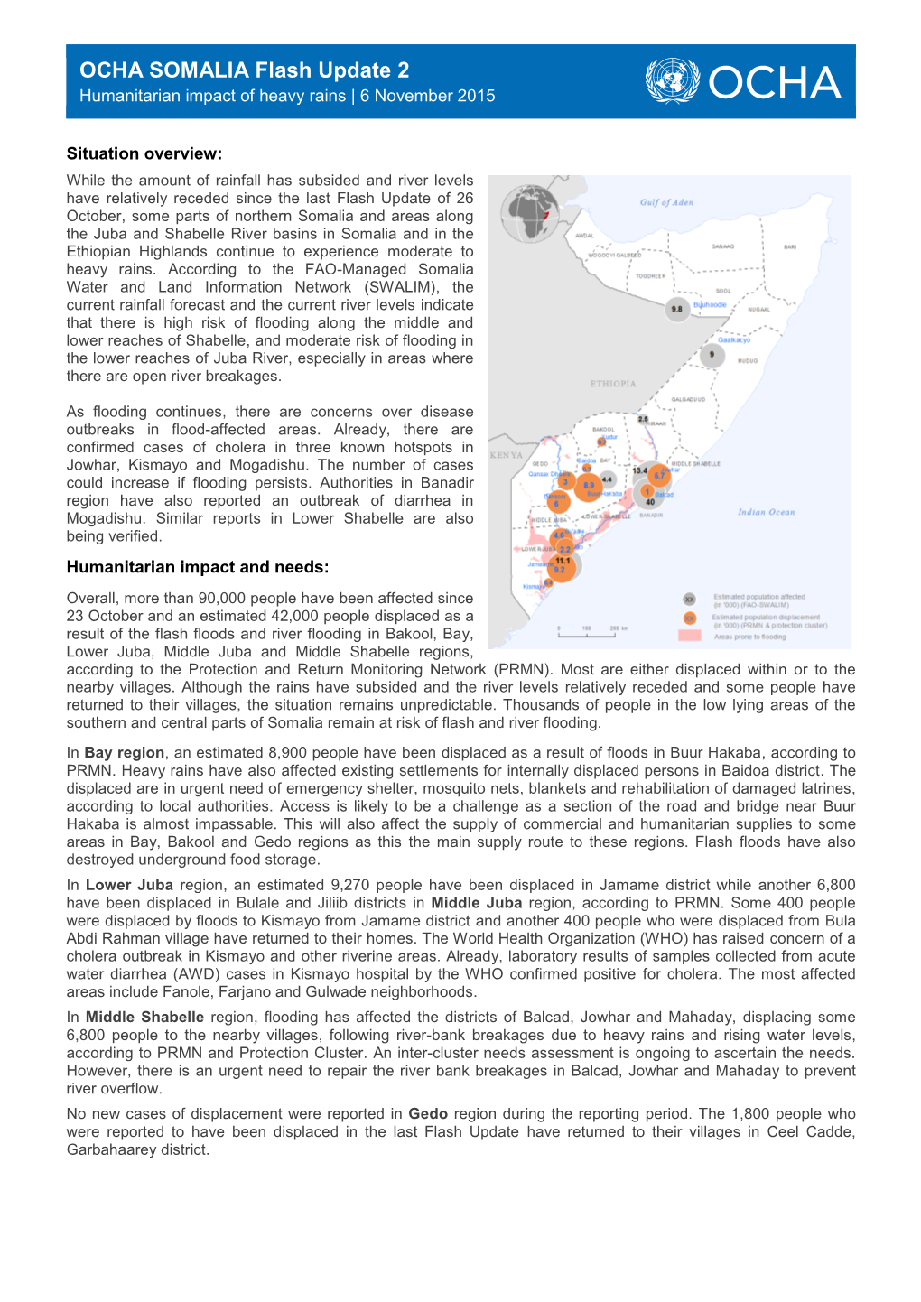 OCHA SOMALIA Flash Update 2 Humanitarian Impact of Heavy Rains | 6 November 2015