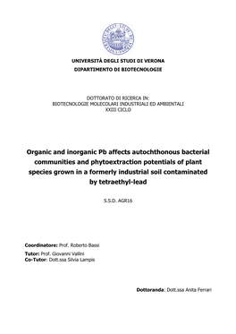 Organic and Inorganic Pb Affects Autochthonous Bacterial