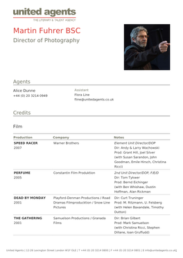 Martin Fuhrer BSC Director of Photography