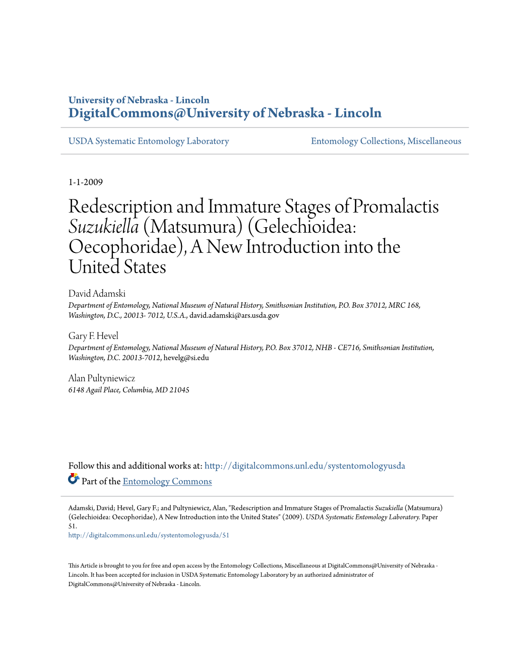 Redescription and Immature Stages of Promalactis Suzukiella