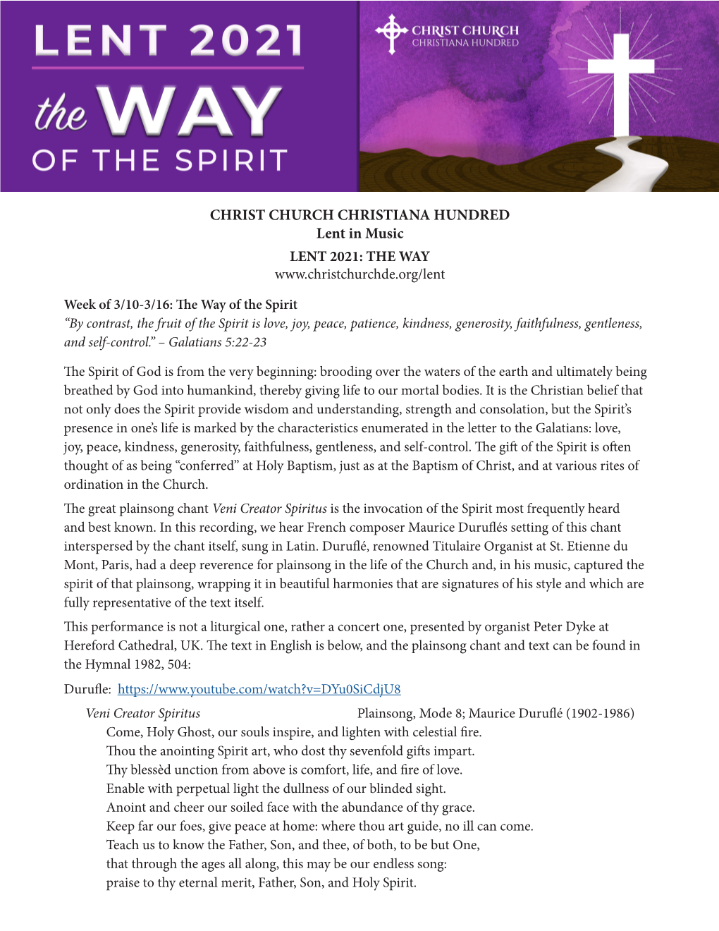 CHRIST CHURCH CHRISTIANA HUNDRED Lent in Music LENT 2021: the WAY