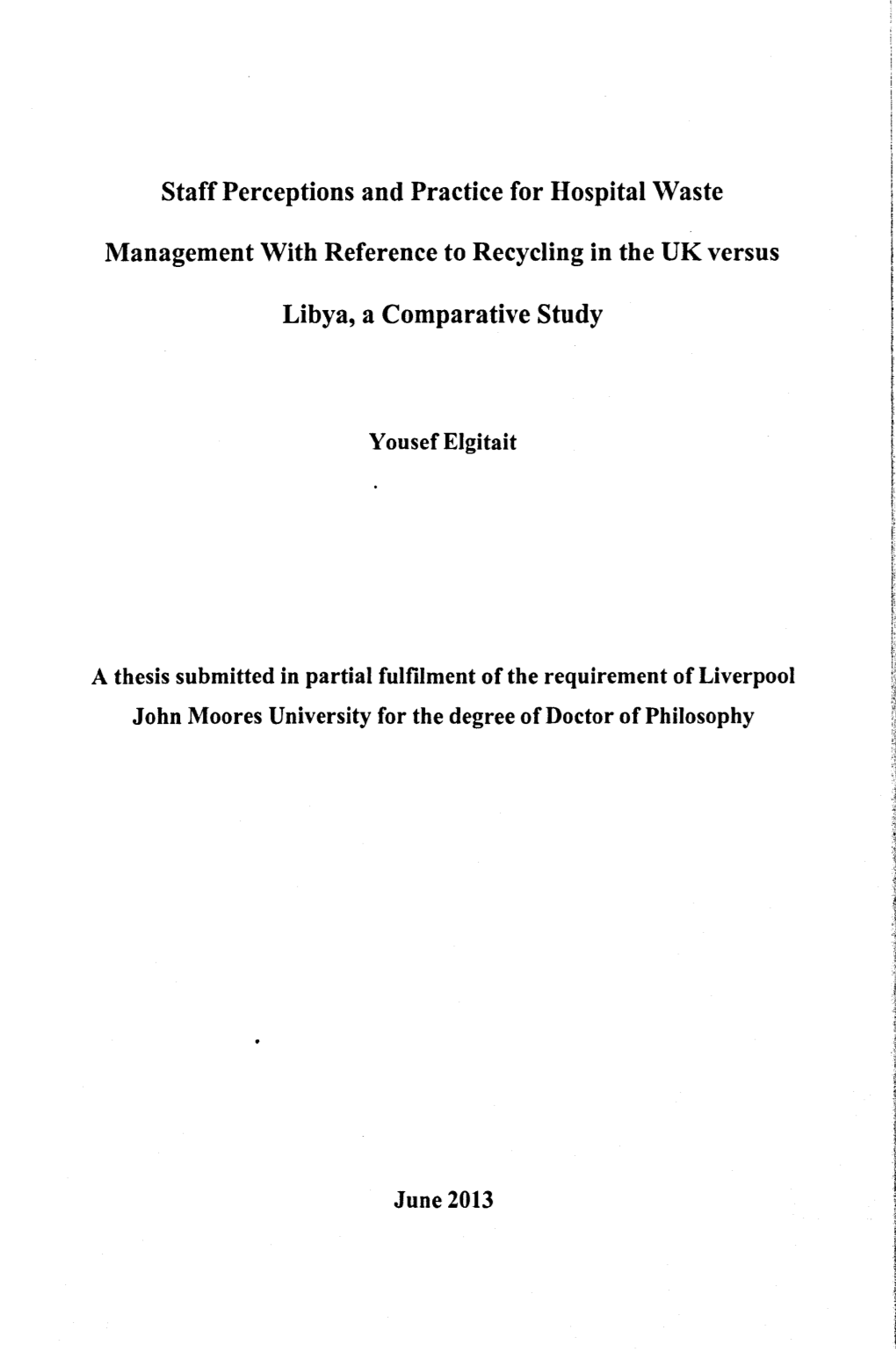 Staff Perceptions and Practice for Hospital Waste Management with Reference to Recycling in the UK