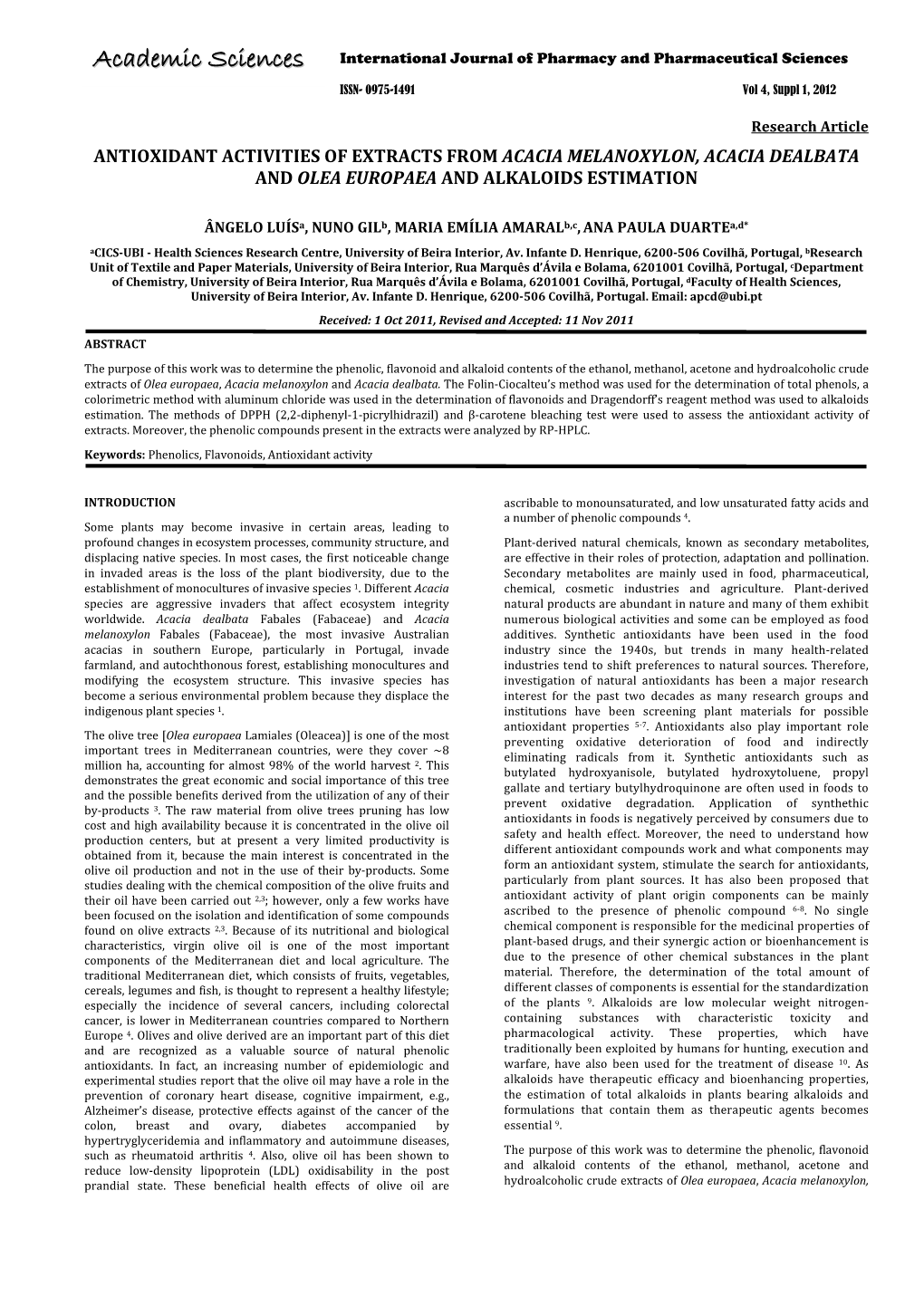 Acacia Melanoxylon, Acacia Dealbata and Olea Europaea and Alkaloids Estimation