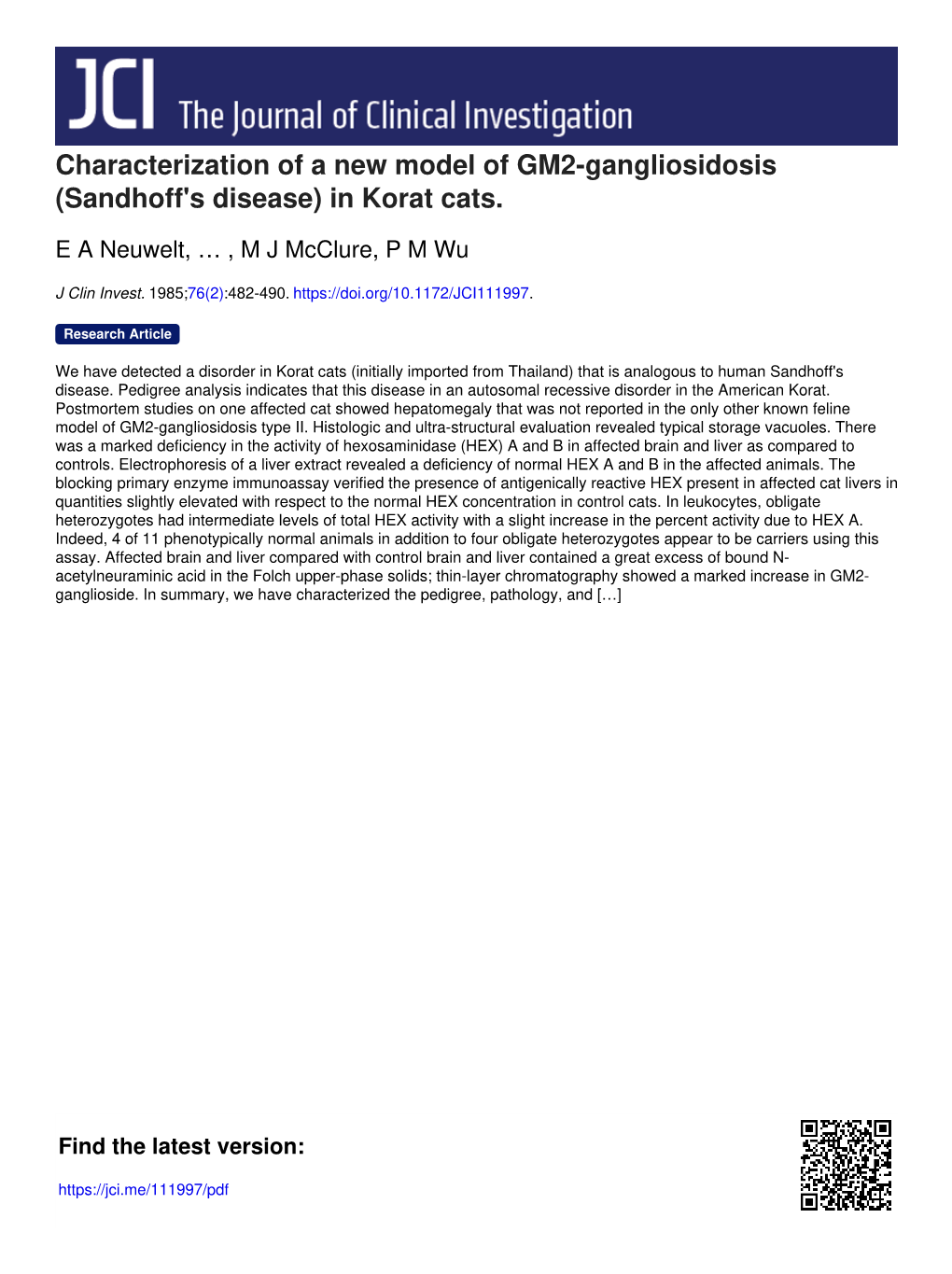 Characterization of a New Model of GM2-Gangliosidosis (Sandhoff's Disease) in Korat Cats