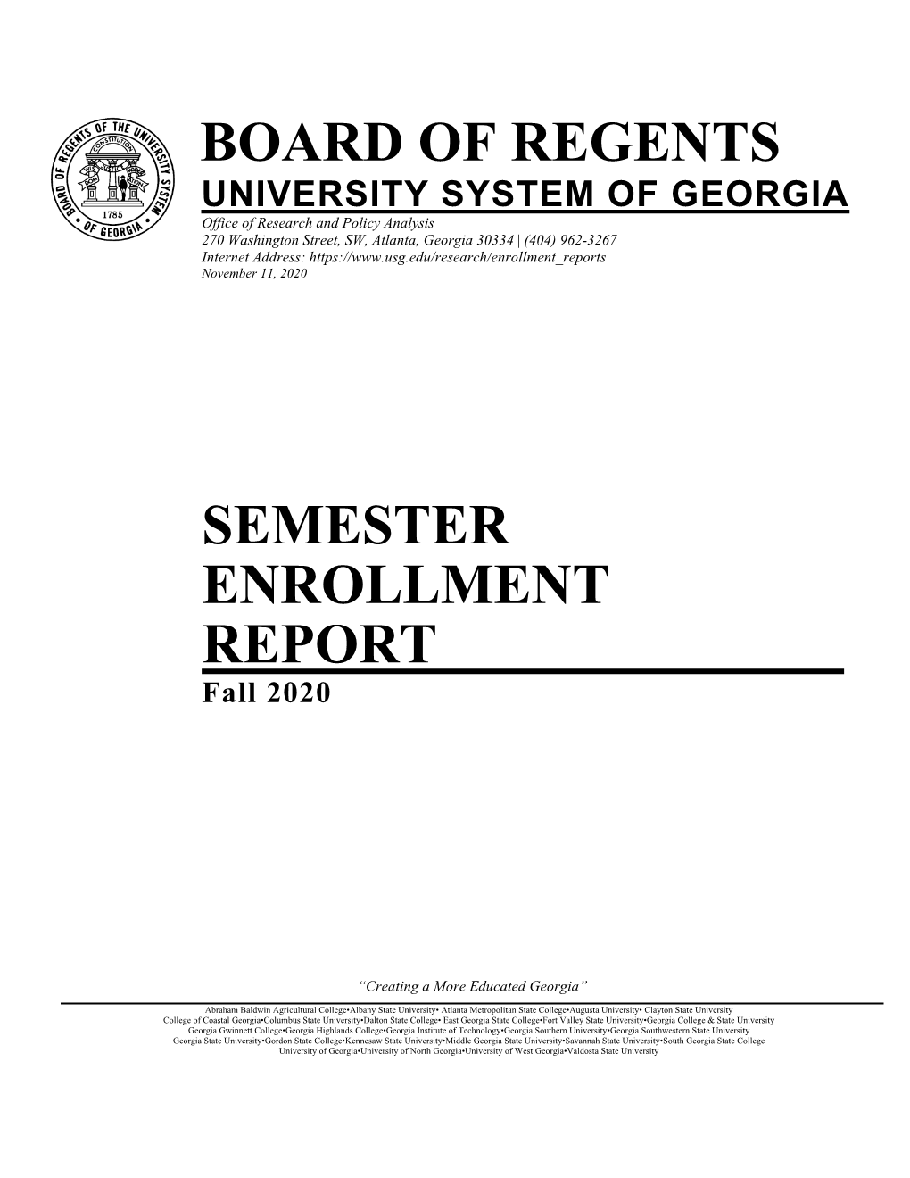 USG Fall 2020 Semester Enrollment Report