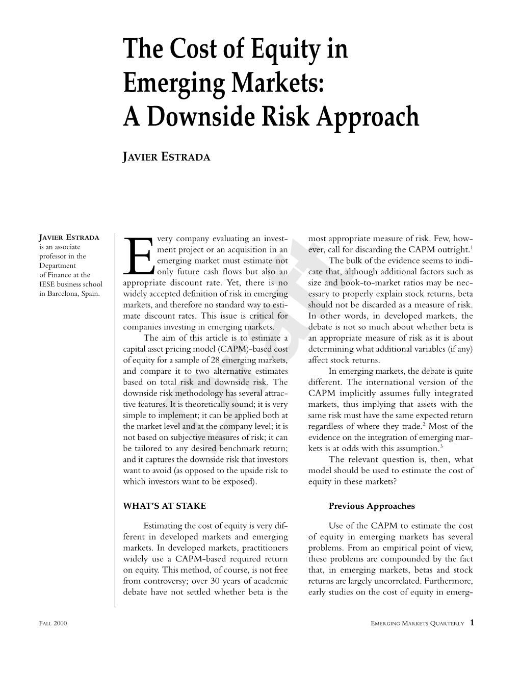 The Cost of Equity in Emerging Markets: a Downside Risk Approach