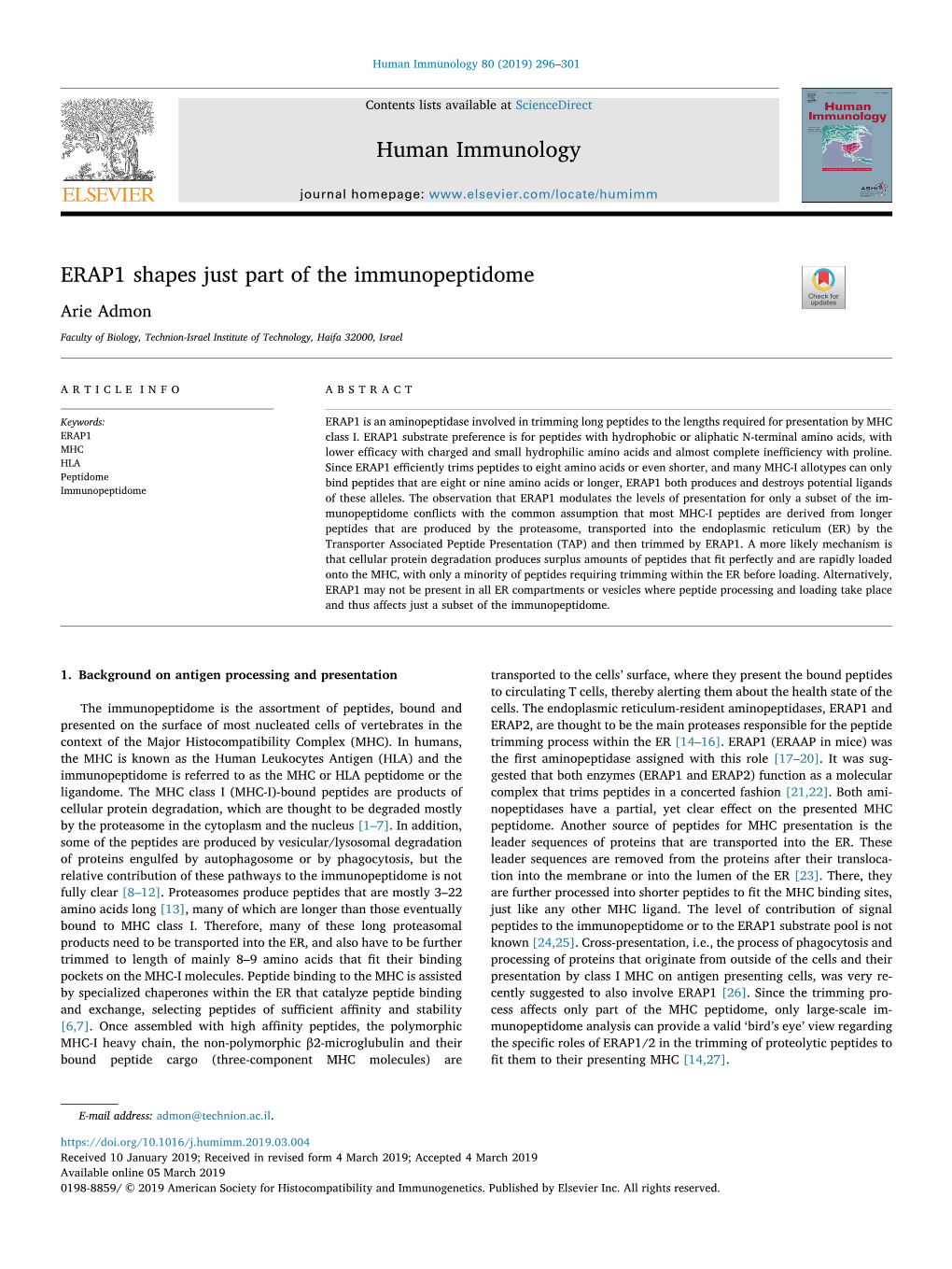 ERAP1 Shapes Just Part of the Immunopeptidome T Arie Admon