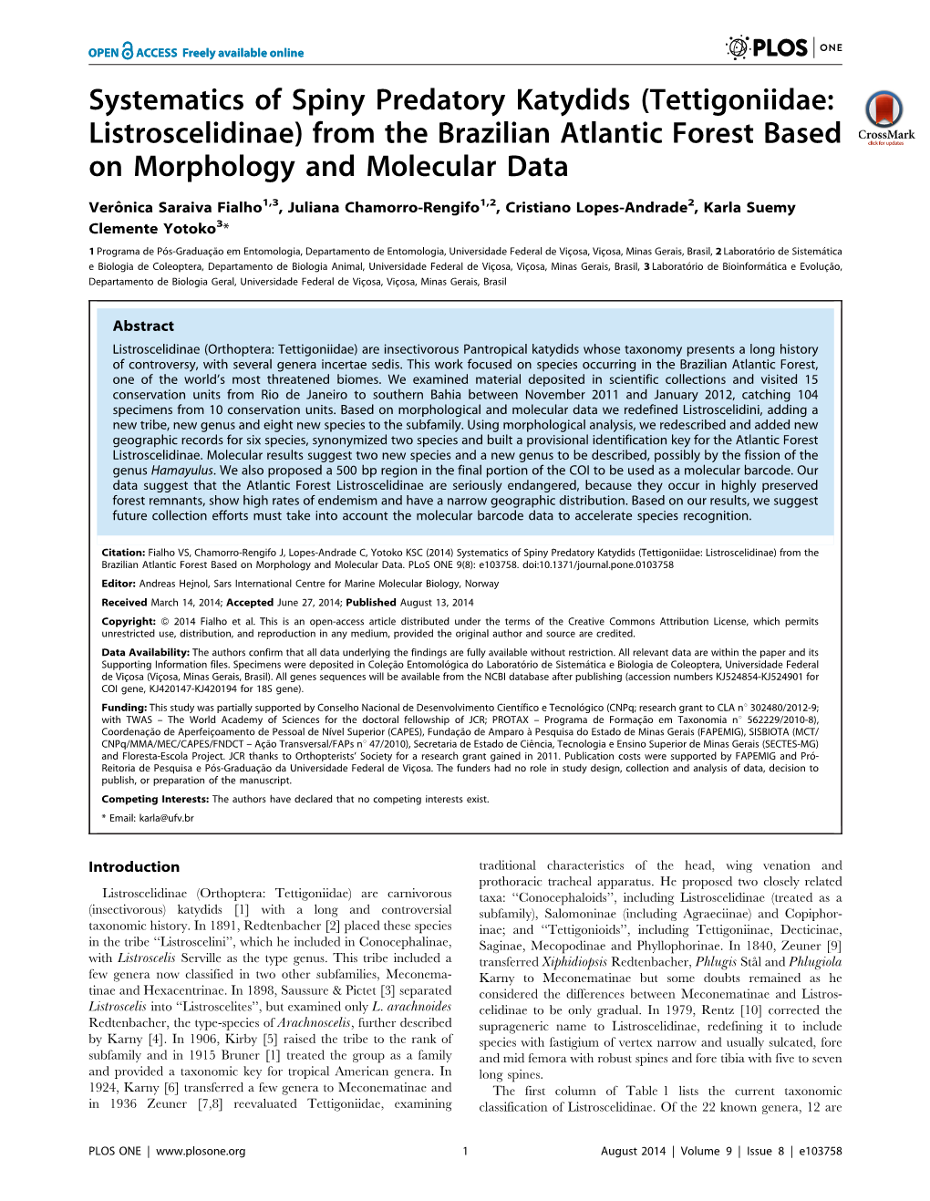 Systematics of Spiny Predatory Katydids (Tettigoniidae: Listroscelidinae) from the Brazilian Atlantic Forest Based on Morphology and Molecular Data