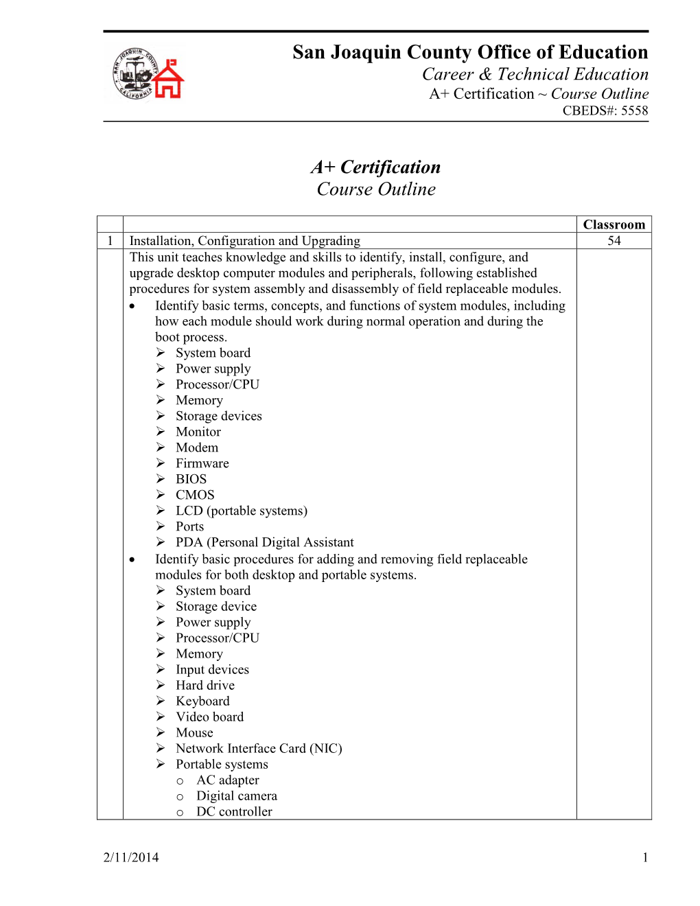 A+ Certification Course Outline