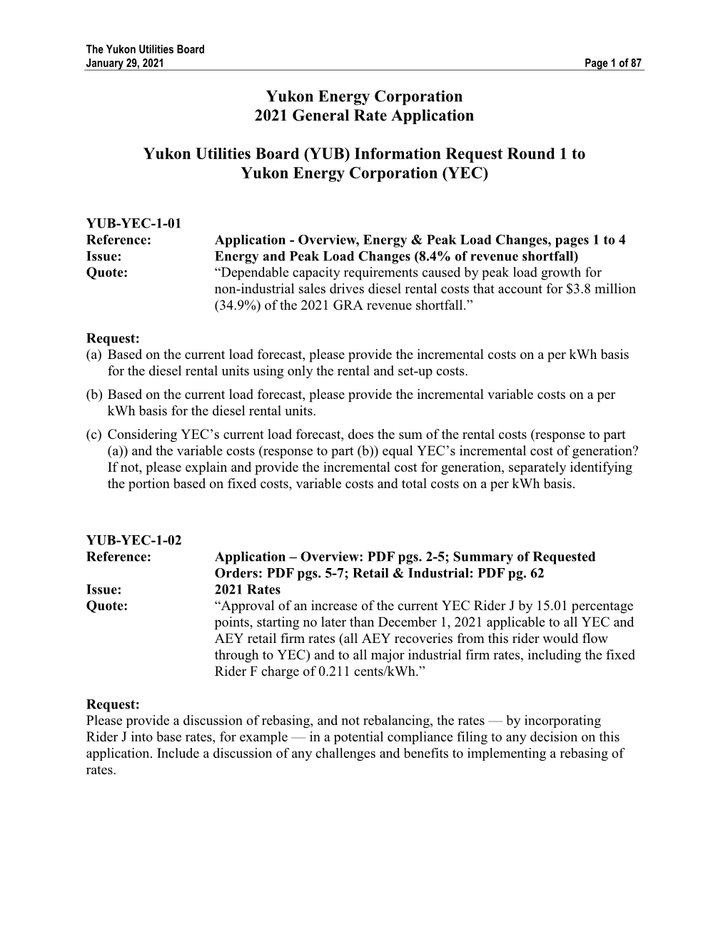 Yukon Energy Corporation 2021 General Rate Application Yukon