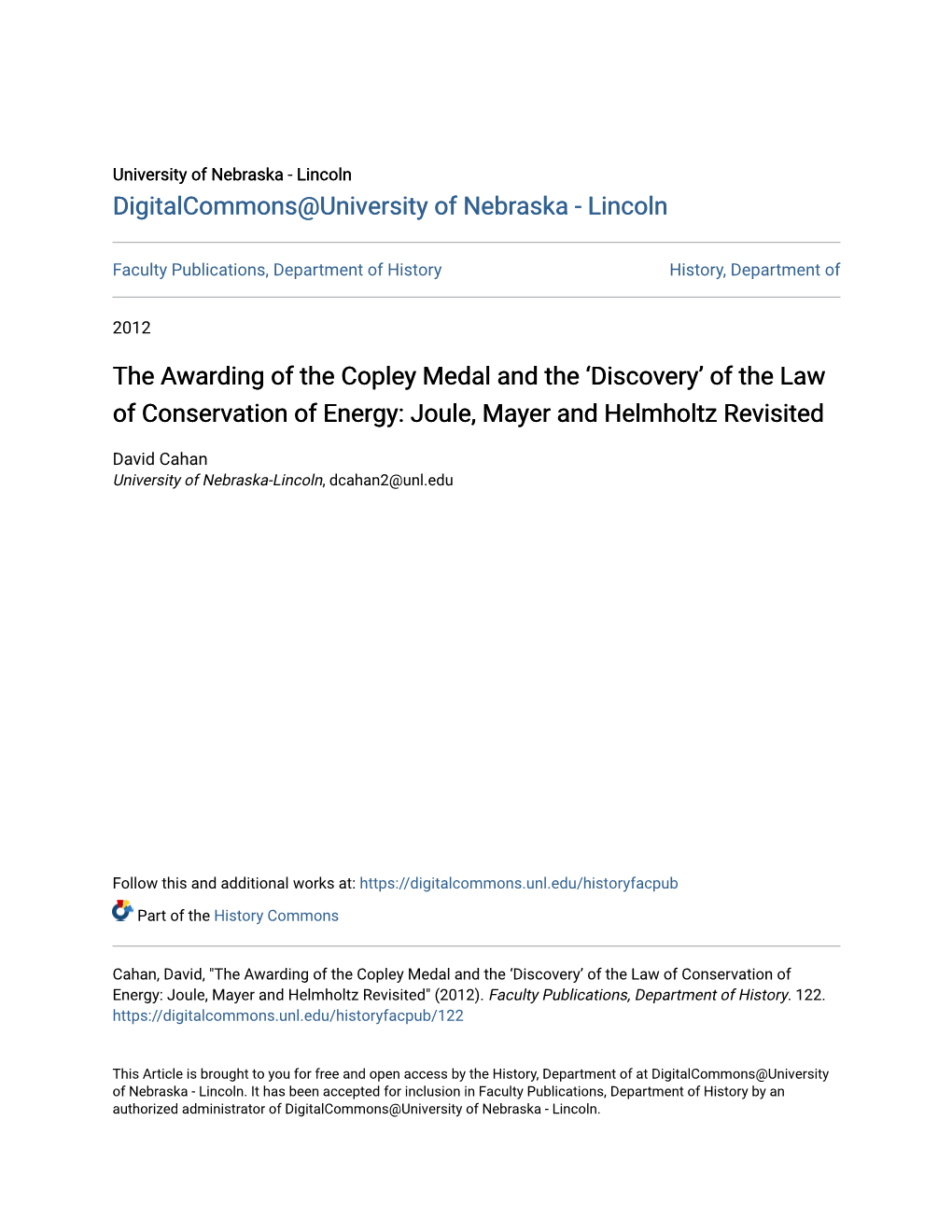 The Awarding of the Copley Medal and the ‘Discovery’ of the Law of Conservation of Energy: Joule, Mayer and Helmholtz Revisited