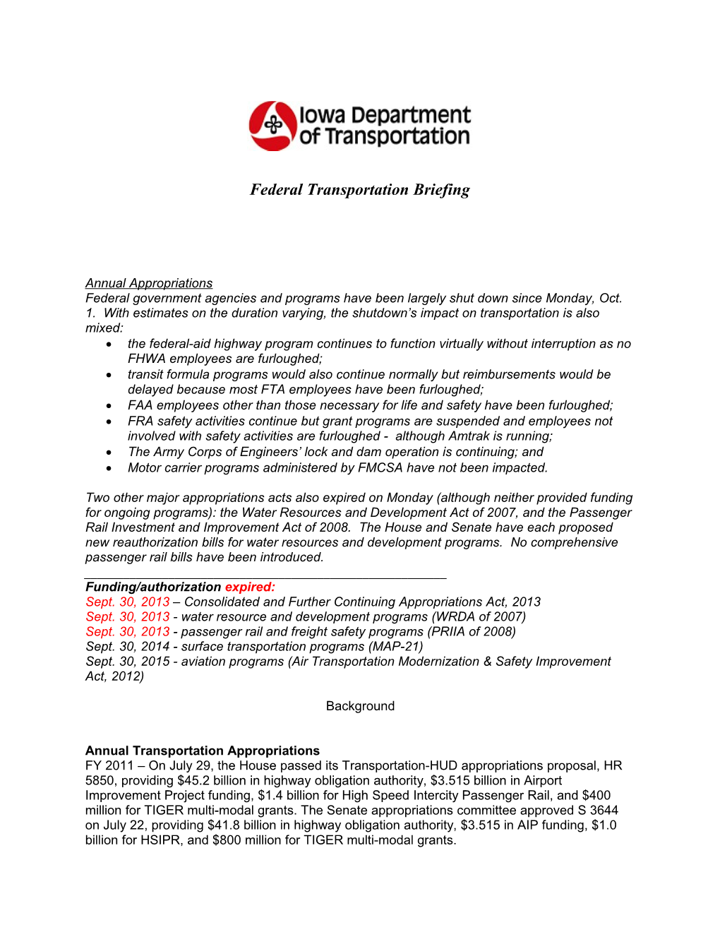 Federal Transportation Briefing