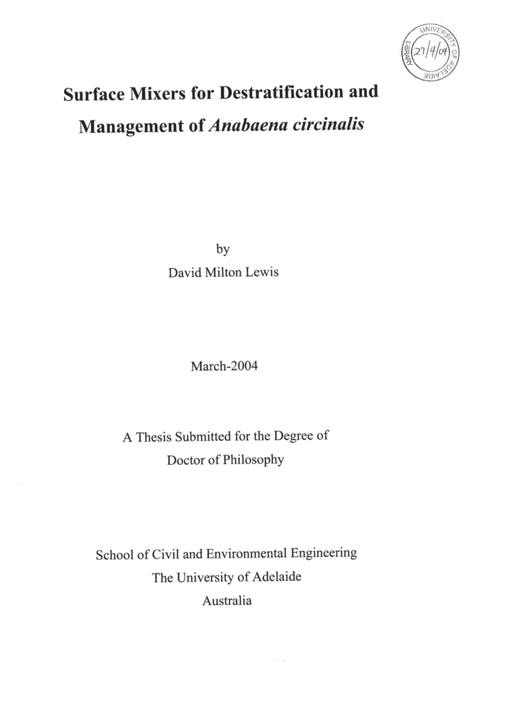 Surface Mixers for Destratification and Management of Anabaena Circinalis -Dàta