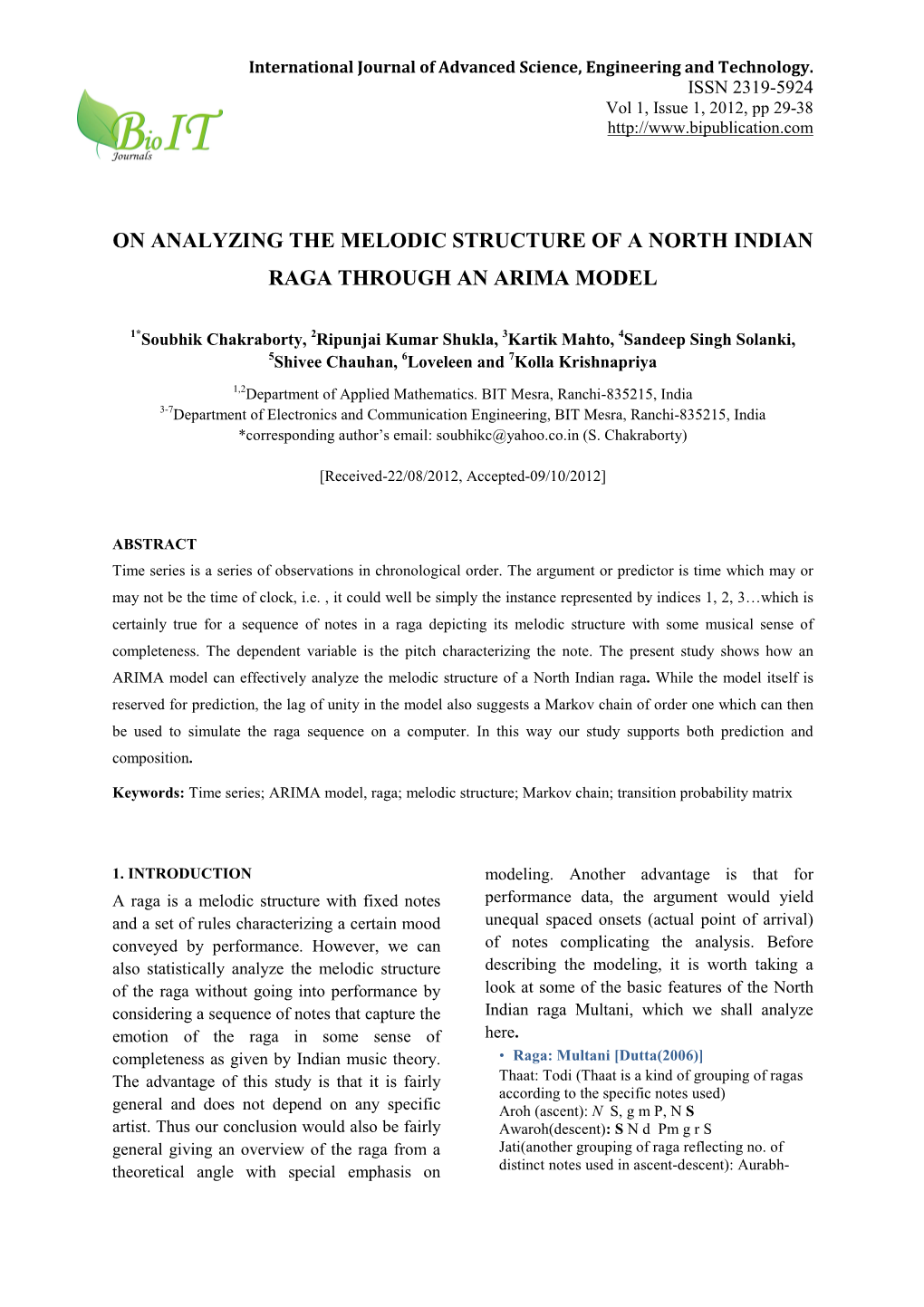 On Analyzing the Melodic Structure of a North Indian Raga Through an Arima Model