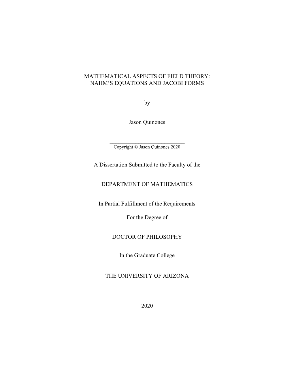 NAHM's EQUATIONS and JACOBI FORMS by Jason Quinones