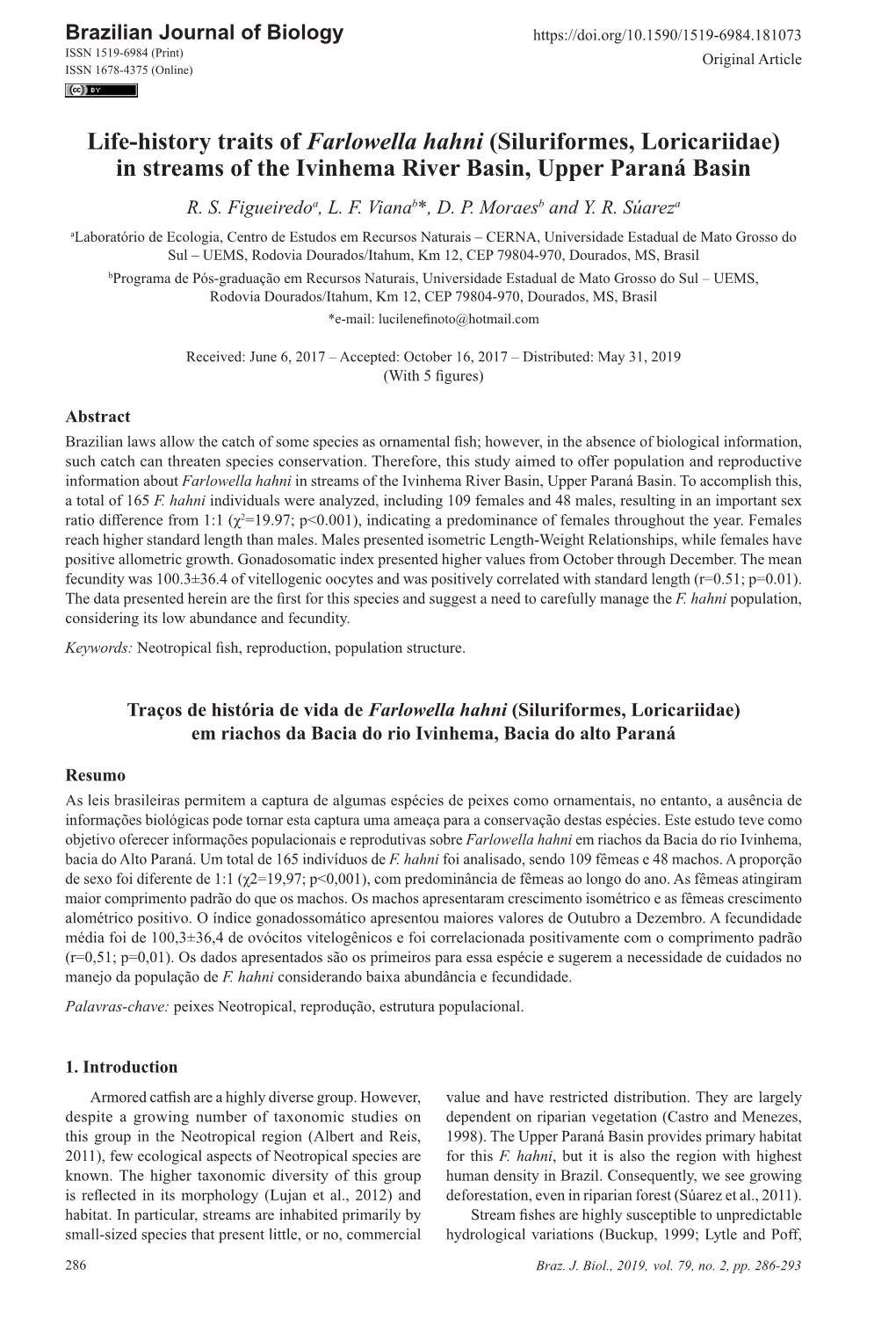 Life-History Traits of Farlowella Hahni (Siluriformes, Loricariidae) in Streams of the Ivinhema River Basin, Upper Paraná Basin R