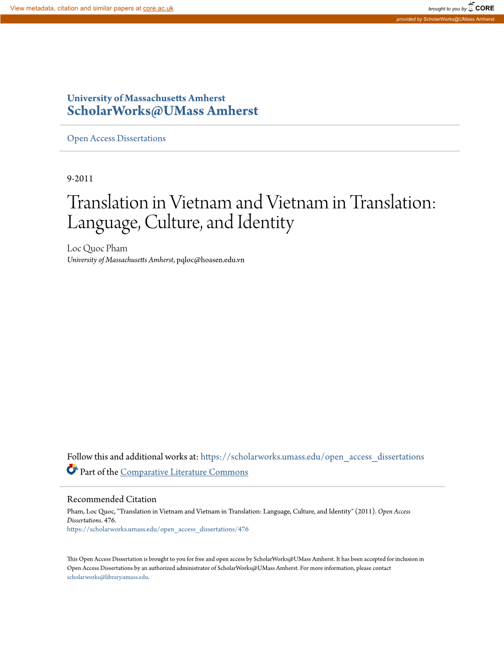 Language, Culture, and Identity Loc Quoc Pham University of Massachusetts Amherst, Pqloc@Hoasen.Edu.Vn